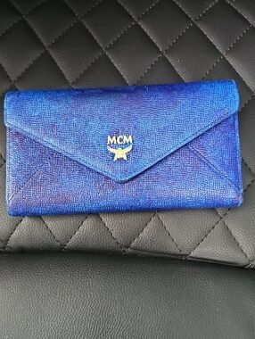 MCM Blue Metallic Envelope Wallet - Signature Logo